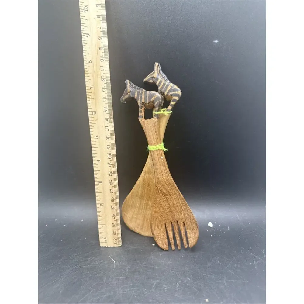 Vintage Hand Carved Zebra Wood Salad Serving Spoon Fork Set Safari Teak Decor
